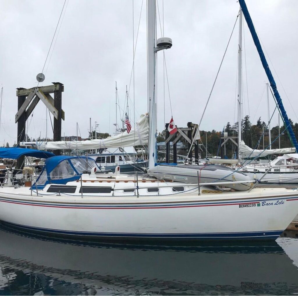 Sailboat docked at marina