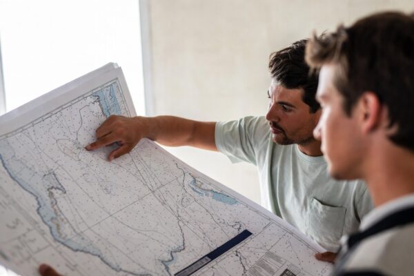 Sailors looking at a marine chart